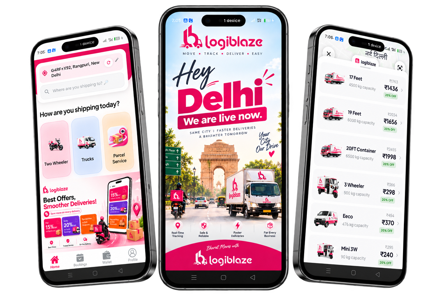 Logiblaze delivery rider with app screens